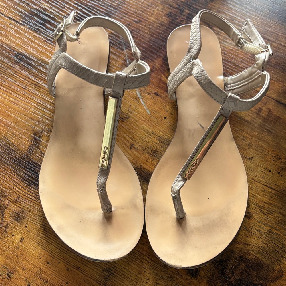 Calvin Klein Beige/Tan T-Strap Flat Sandals